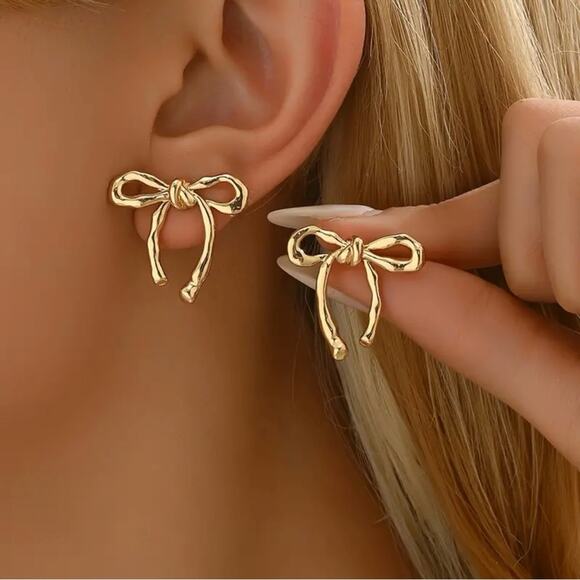 Bow Ribbon Earrings Gold Plated Copper Stud Drop Stainless Post New - Picture 4 of 5